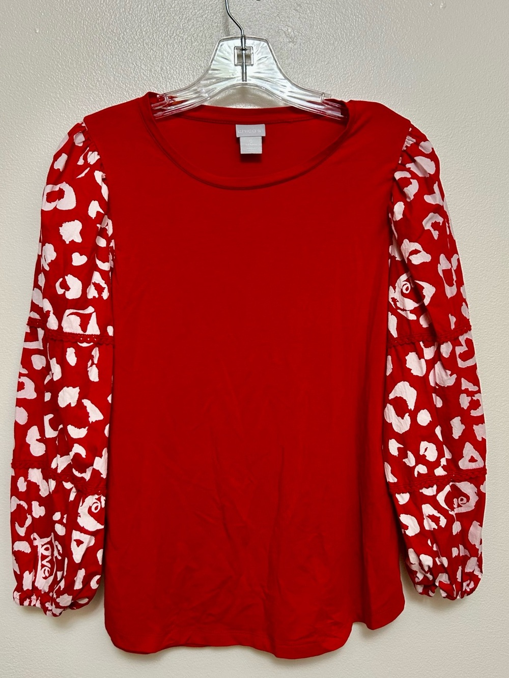 Chico's Red Long-Sleeve Top with White Printed Puff Sleeves (Size -0)